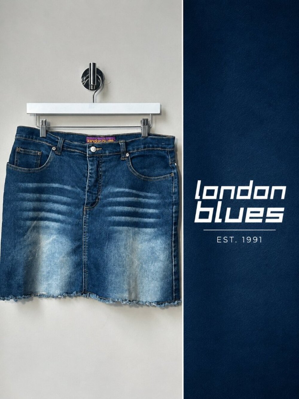 London Blues Denim Mini Skirt Size 11 Distressed Raw Hem Y2K Medium Wash Jean